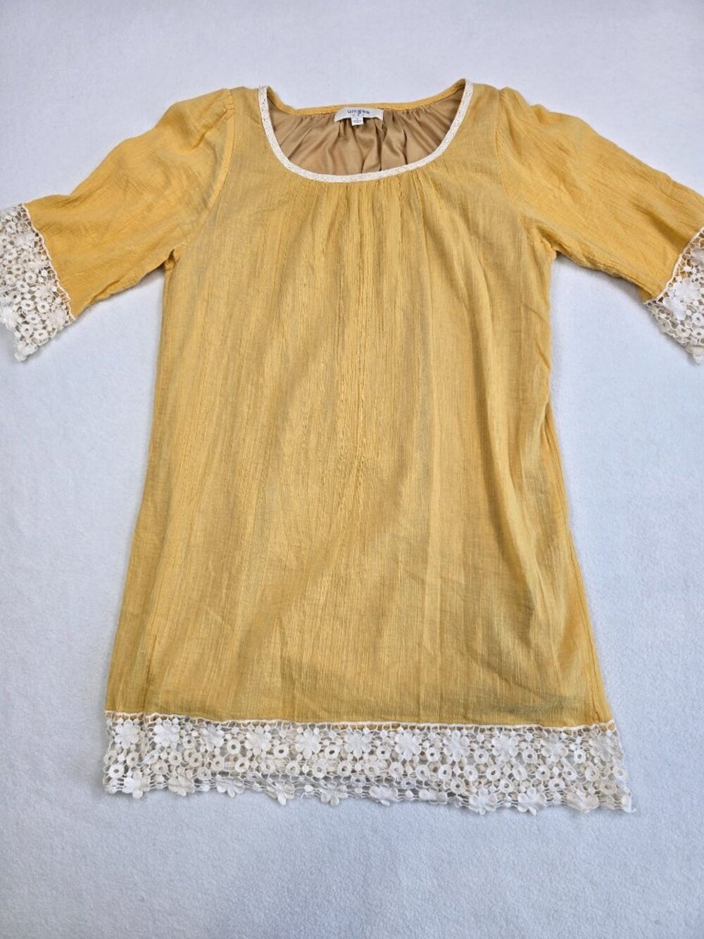 Umgee Small USA Yellow Mini Dress With Lace Trim Boho